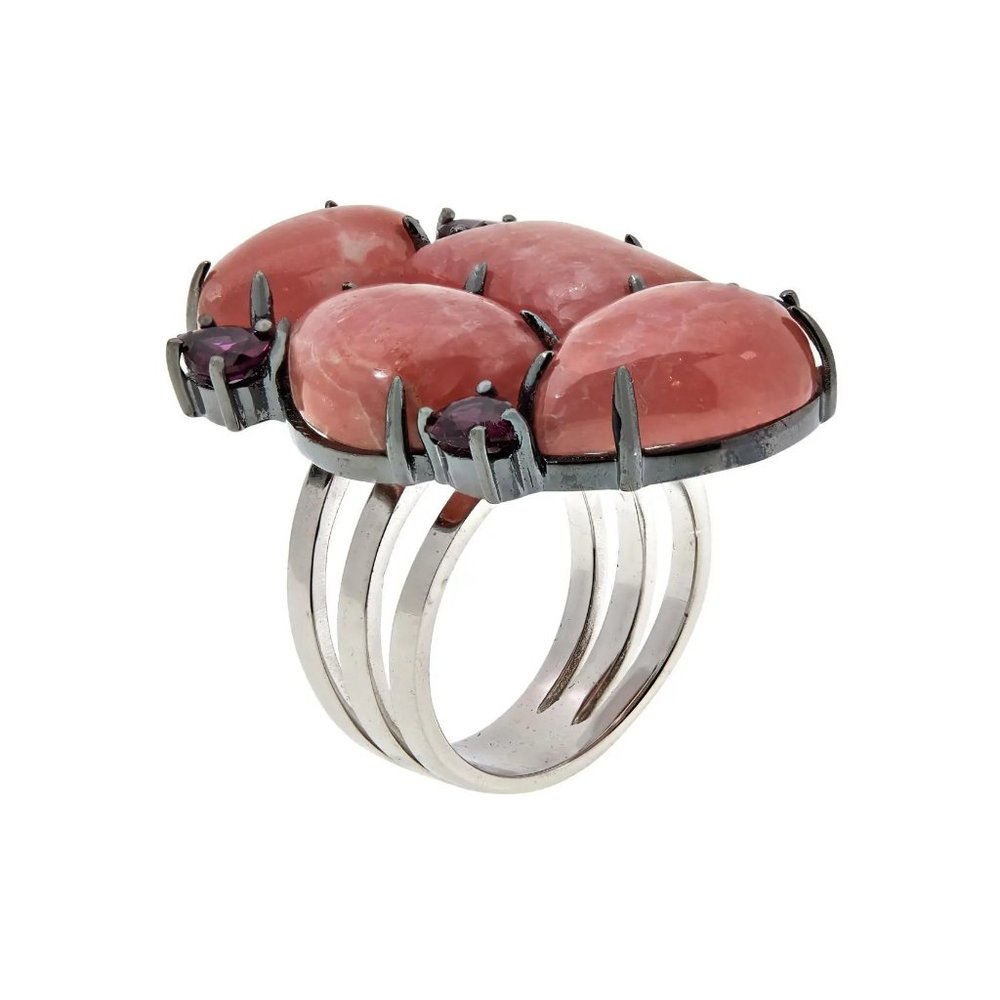 Rarities Rhodium-Plated Sterling Silver Rhodochrosite & Rhodolite Ring - Picture 2 of 3